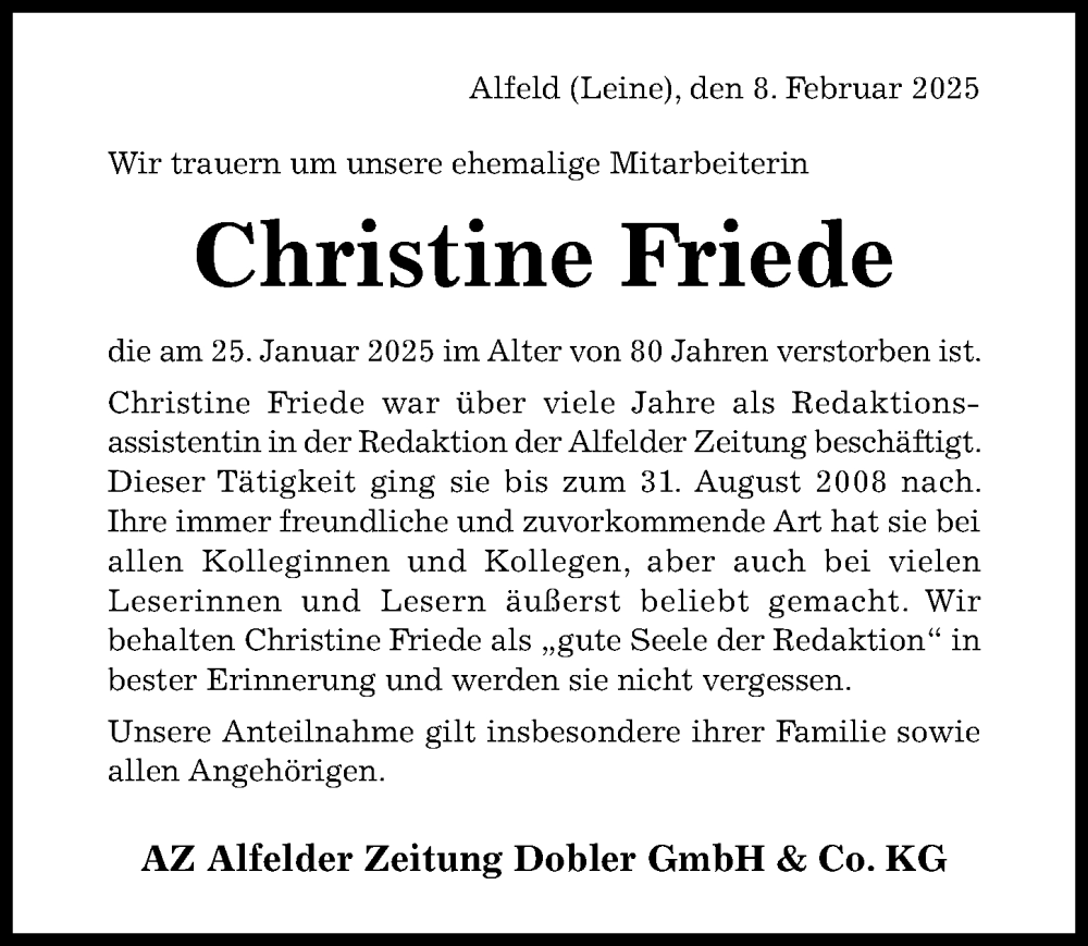  Traueranzeige für Christine Friede vom 08.02.2025 aus Hildesheimer Allgemeine Zeitung