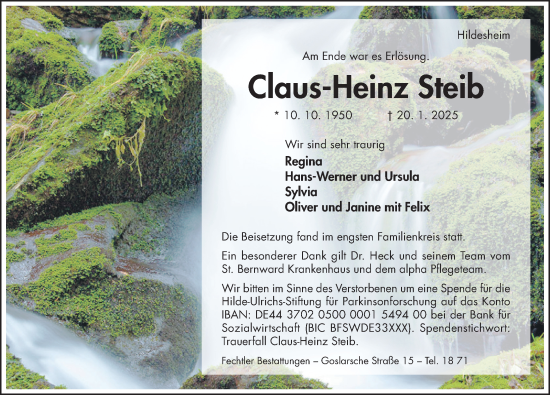 Traueranzeige von Claus-Heinz Steib von Hildesheimer Allgemeine Zeitung