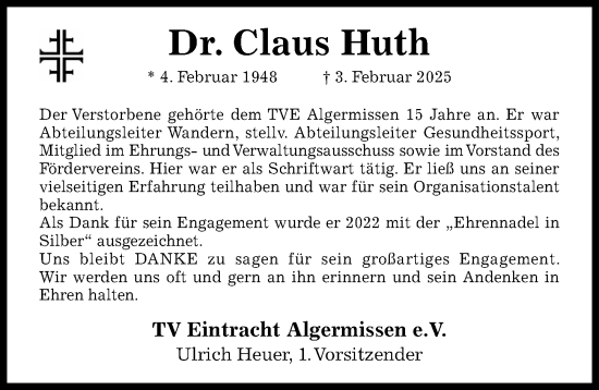 Traueranzeige von Claus Huth von Hildesheimer Allgemeine Zeitung