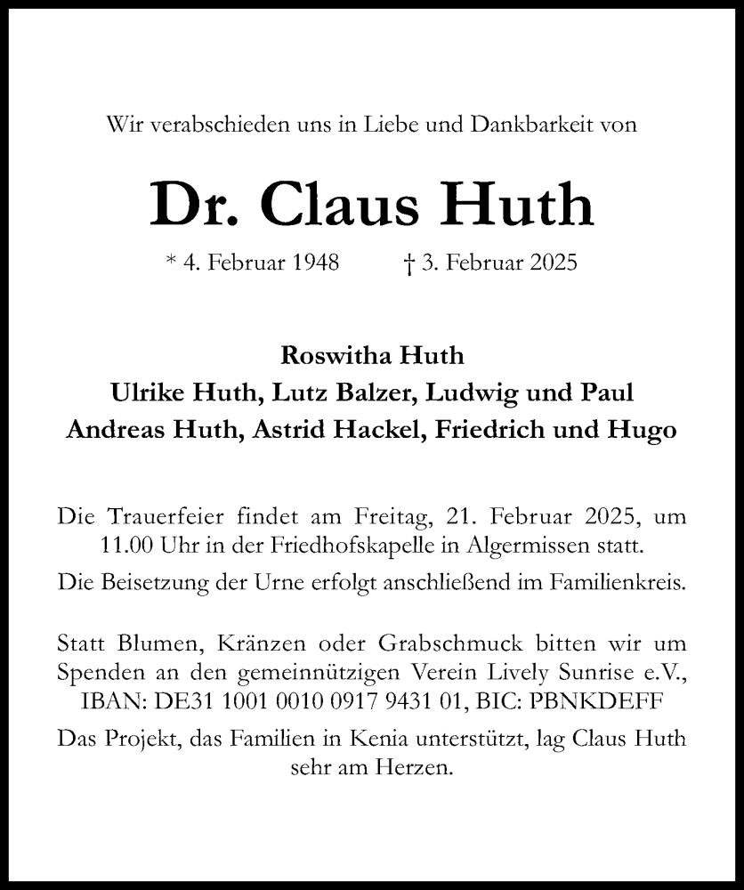  Traueranzeige für Claus Huth vom 12.02.2025 aus Hildesheimer Allgemeine Zeitung