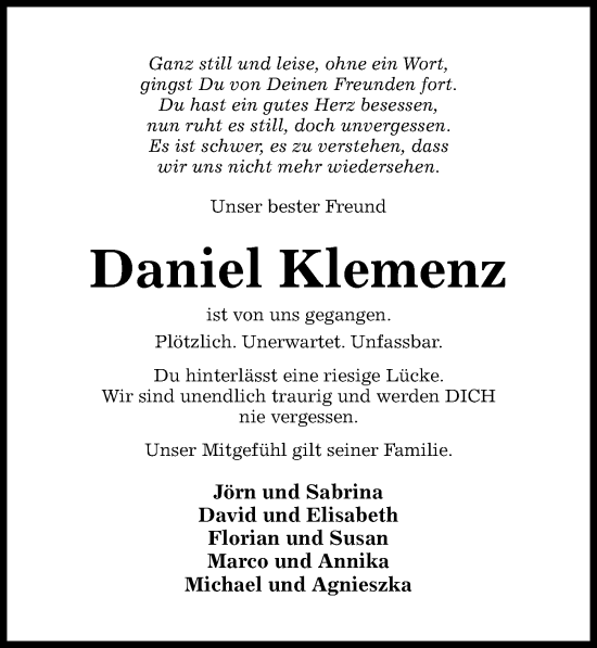 Traueranzeige von Daniel Klemenz von Hildesheimer Allgemeine Zeitung