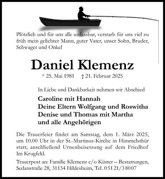 Traueranzeige von Daniel Klemenz von Hildesheimer Allgemeine Zeitung