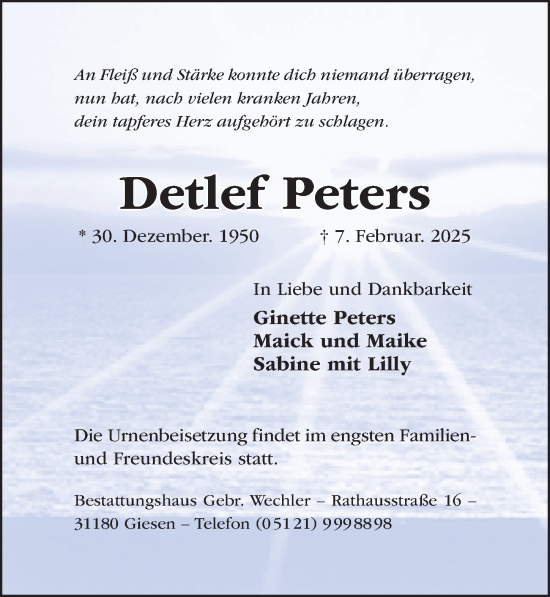 Traueranzeige von Detlef Peters von Hildesheimer Allgemeine Zeitung