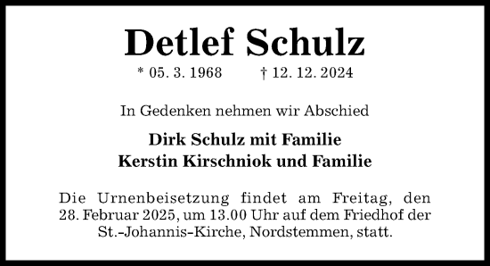 Traueranzeige von Detlef Schulz von Hildesheimer Allgemeine Zeitung