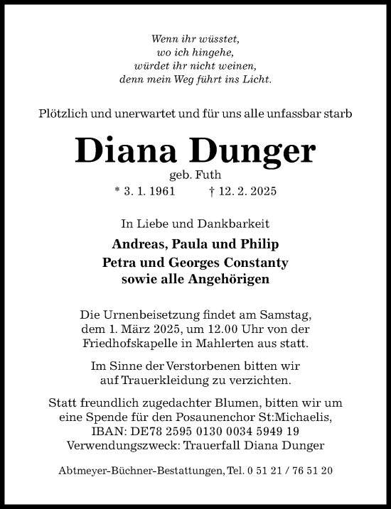 Traueranzeige von Diana Dunger von Hildesheimer Allgemeine Zeitung