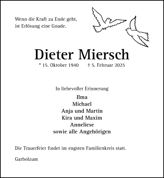 Traueranzeige von Dieter Miersch von Hildesheimer Allgemeine Zeitung