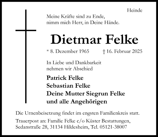 Traueranzeige von Dietmar Felke von Hildesheimer Allgemeine Zeitung