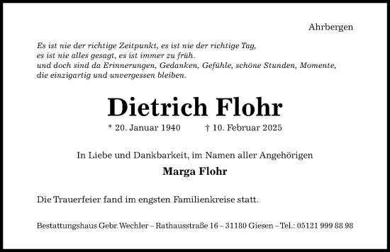 Traueranzeige von Dietrich Flohr von Hildesheimer Allgemeine Zeitung