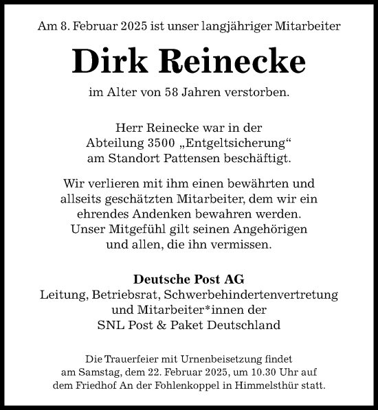 Traueranzeige von Dirk Reinecke von Hildesheimer Allgemeine Zeitung