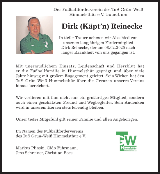 Traueranzeige von Dirk Reinecke von Hildesheimer Allgemeine Zeitung