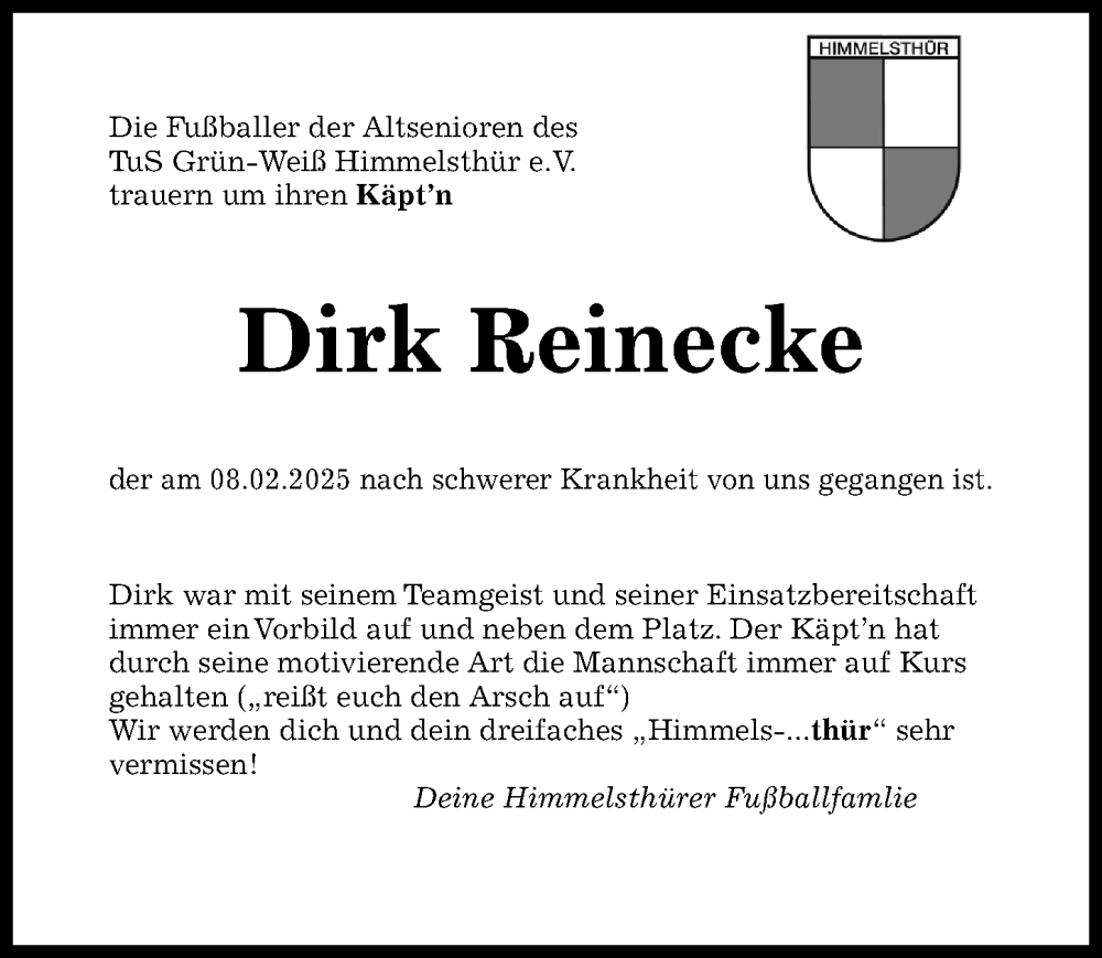 Traueranzeige für Dirk Reinecke vom 15.02.2025 aus Hildesheimer Allgemeine Zeitung