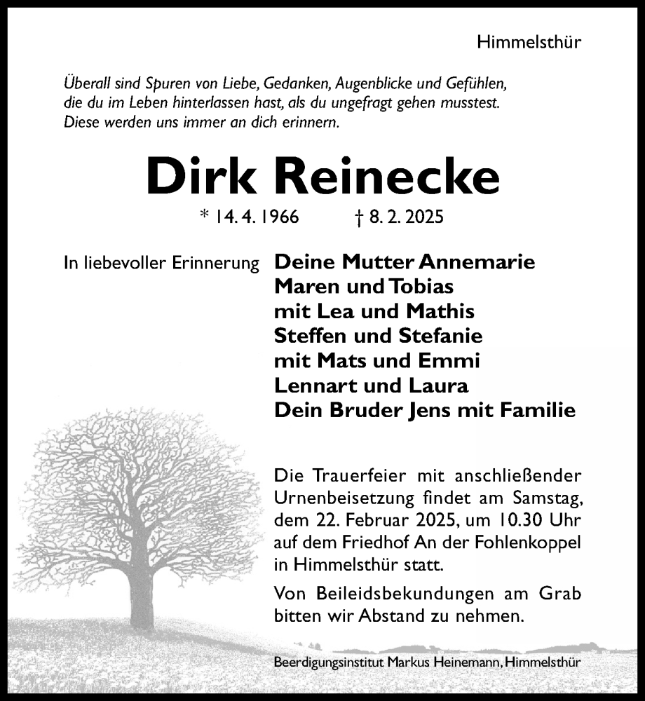  Traueranzeige für Dirk Reinecke vom 12.02.2025 aus Hildesheimer Allgemeine Zeitung