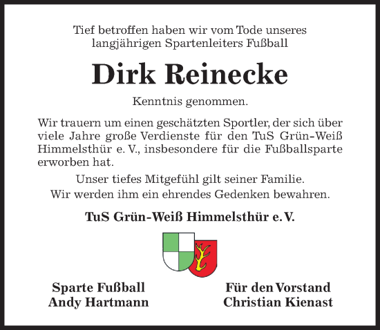 Traueranzeige von Dirk Reinecke von Hildesheimer Allgemeine Zeitung