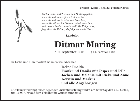 Traueranzeige von Ditmar Maring von Hildesheimer Allgemeine Zeitung