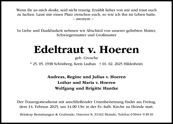 Traueranzeige von Edeltraut v. Hoeren von Hildesheimer Allgemeine Zeitung