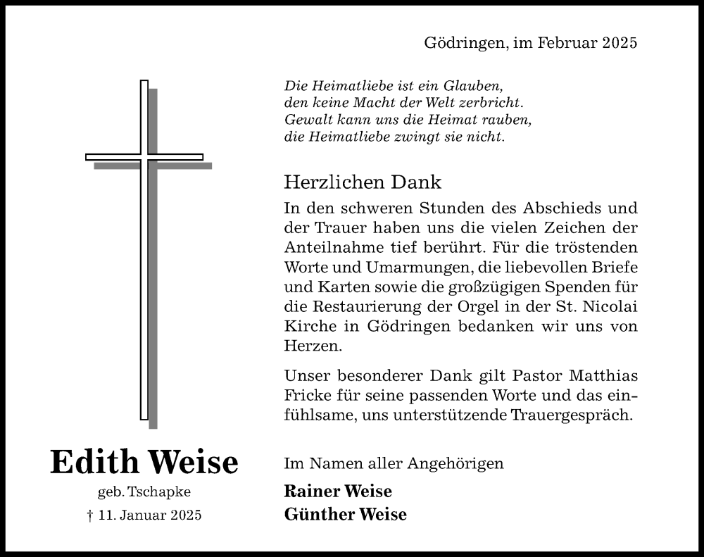  Traueranzeige für Edith Weise vom 22.02.2025 aus Hildesheimer Allgemeine Zeitung