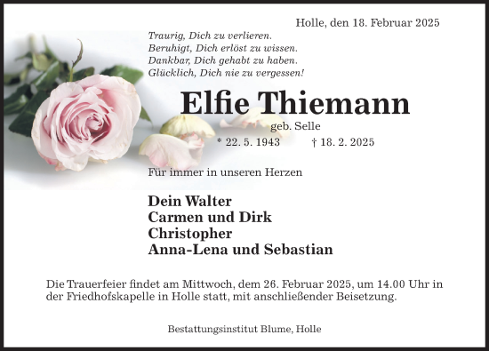 Traueranzeige von Elfie Thiemann von Hildesheimer Allgemeine Zeitung