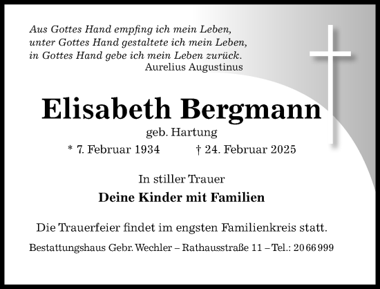 Traueranzeige von Elisabeth Bergmann von Hildesheimer Allgemeine Zeitung