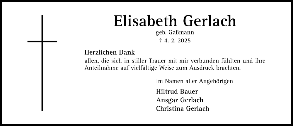  Traueranzeige für Elisabeth Gerlach vom 26.02.2025 aus Hildesheimer Allgemeine Zeitung