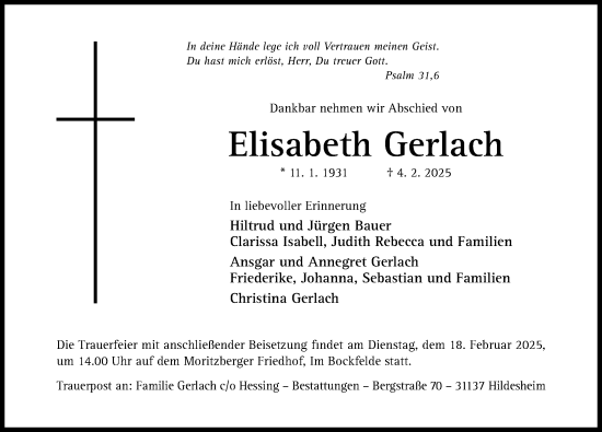 Traueranzeige von Elisabeth Gerlach von Hildesheimer Allgemeine Zeitung