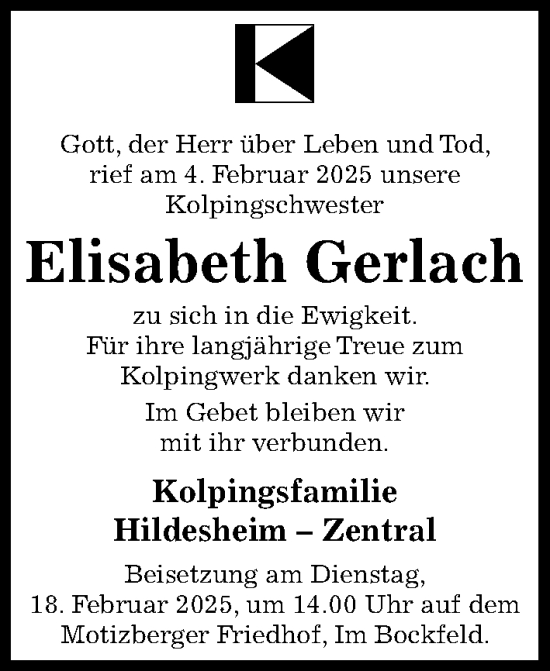 Traueranzeige von Elisabeth Gerlach von Hildesheimer Allgemeine Zeitung