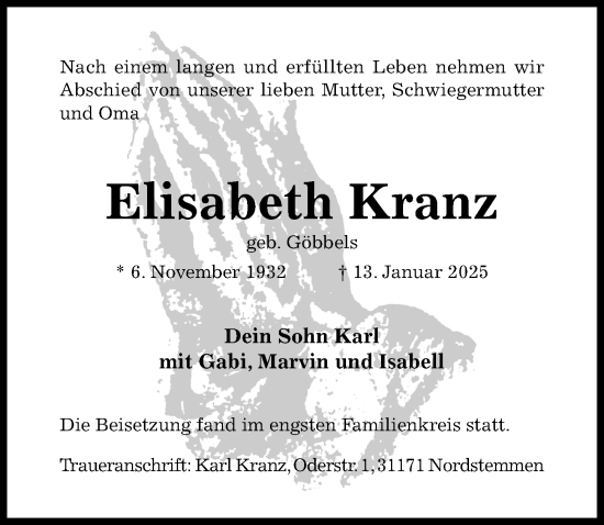 Traueranzeige von Elisabeth Kranz von Hildesheimer Allgemeine Zeitung