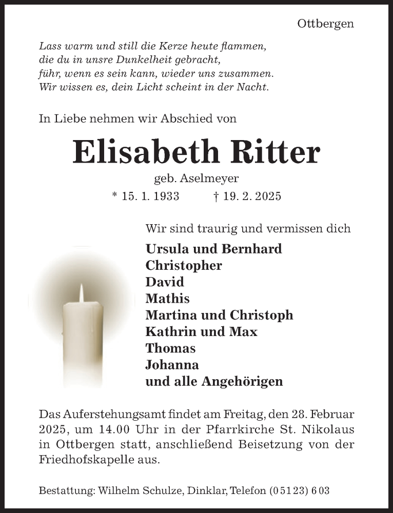  Traueranzeige für Elisabeth Ritter vom 26.02.2025 aus Hildesheimer Allgemeine Zeitung