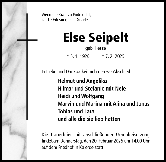 Traueranzeige von Else Seipelt von Hildesheimer Allgemeine Zeitung