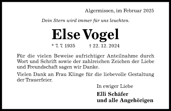 Traueranzeige von Else Vogel von Hildesheimer Allgemeine Zeitung
