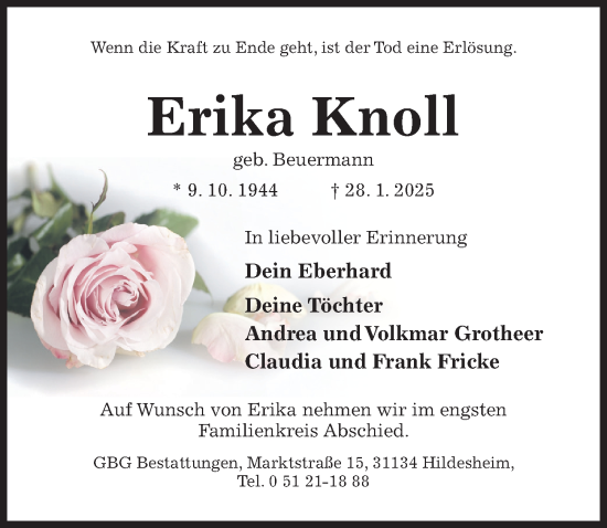 Traueranzeige von Erika Knoll von Hildesheimer Allgemeine Zeitung