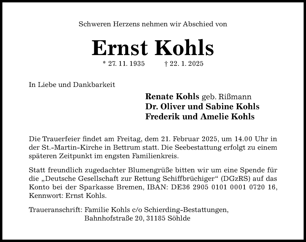  Traueranzeige für Ernst Kohls vom 08.02.2025 aus Hildesheimer Allgemeine Zeitung