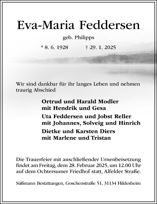 Traueranzeige von Eva-Maria Feddersen von Hildesheimer Allgemeine Zeitung