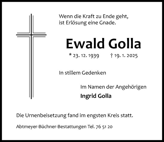 Traueranzeige von Ewald Golla von Hildesheimer Allgemeine Zeitung