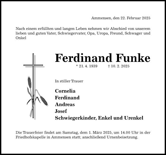 Traueranzeige von Ferdinand Funke von Hildesheimer Allgemeine Zeitung