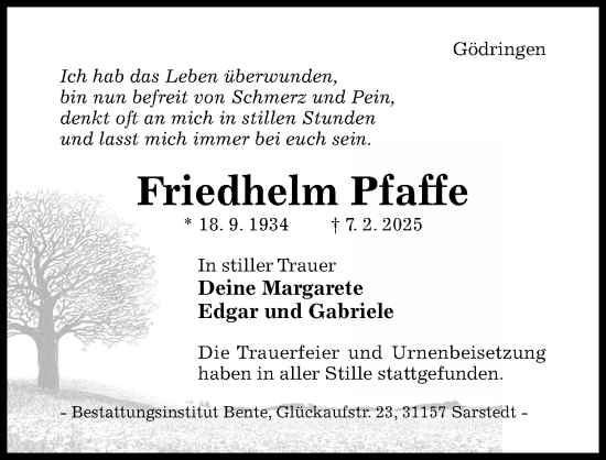 Traueranzeige von Friedhelm Pfaffe von Hildesheimer Allgemeine Zeitung