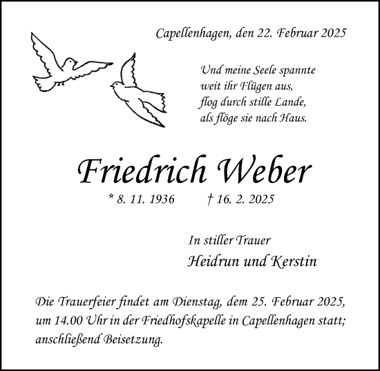 Traueranzeige von Friedrich Weber von Hildesheimer Allgemeine Zeitung