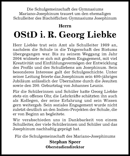 Traueranzeige von Georg Liebke von Hildesheimer Allgemeine Zeitung