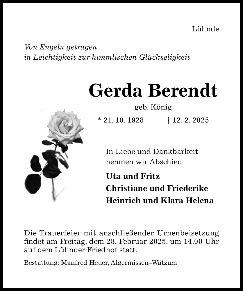  Traueranzeige für Gerda Berendt vom 15.02.2025 aus Hildesheimer Allgemeine Zeitung
