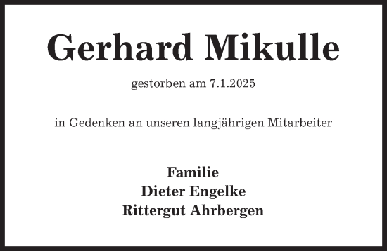 Traueranzeige von Gerhard Mikulle von Hildesheimer Allgemeine Zeitung