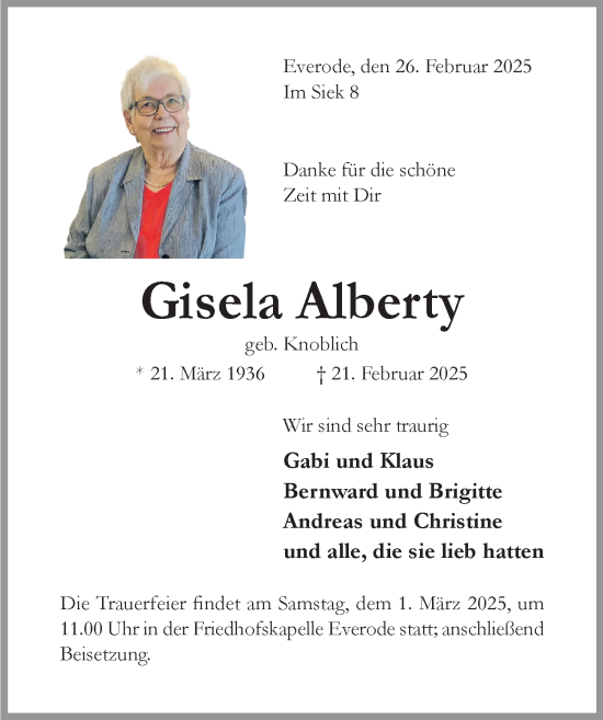 Traueranzeige von Gisela Alberty von Hildesheimer Allgemeine Zeitung