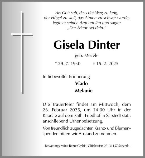 Traueranzeige von Gisela Dinter von Hildesheimer Allgemeine Zeitung