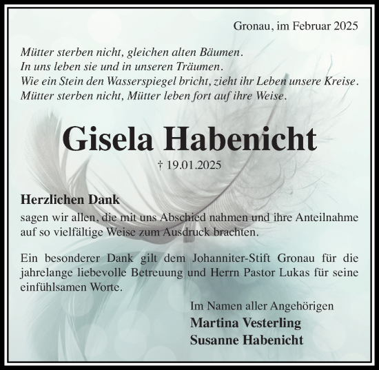 Traueranzeige von Gisela Habenicht von Hildesheimer Allgemeine Zeitung