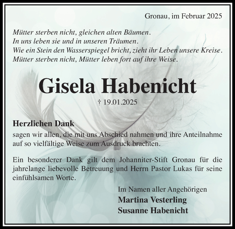  Traueranzeige für Gisela Habenicht vom 15.02.2025 aus Hildesheimer Allgemeine Zeitung