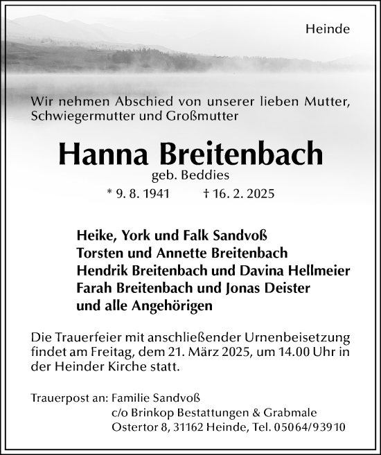 Traueranzeige von Hanna Breitenbach von Hildesheimer Allgemeine Zeitung