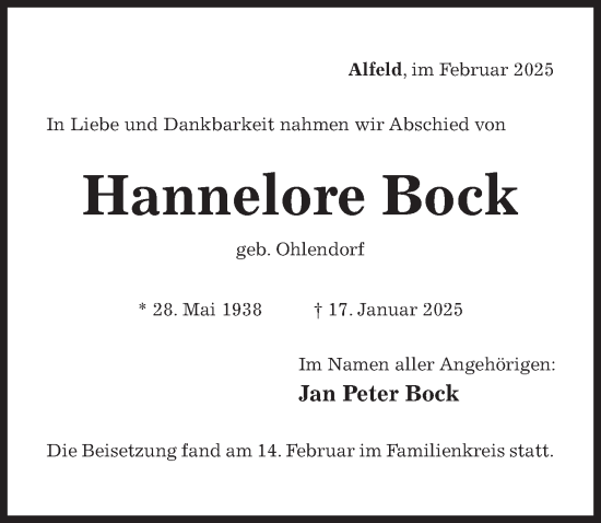 Traueranzeige von Hannelore Bock von Hildesheimer Allgemeine Zeitung