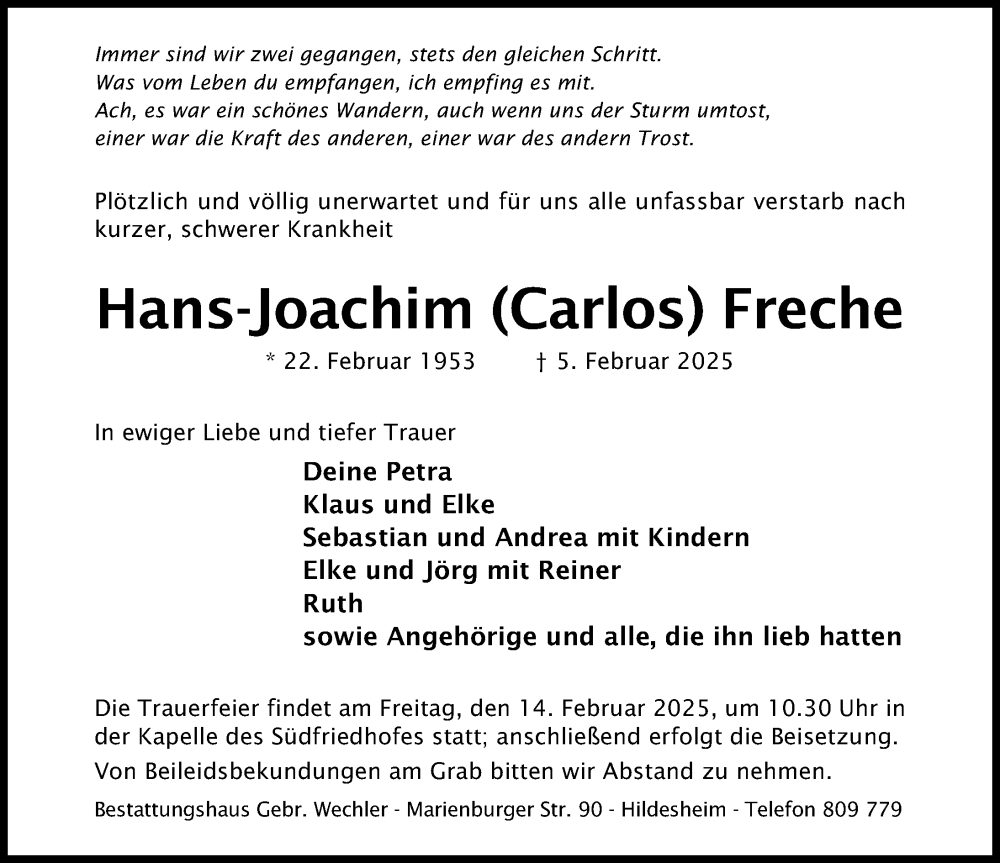  Traueranzeige für Hans-Joachim Freche vom 12.02.2025 aus Hildesheimer Allgemeine Zeitung