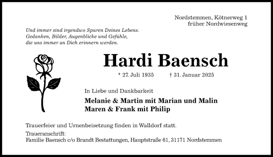 Traueranzeige von Hardi Baensch von Hildesheimer Allgemeine Zeitung