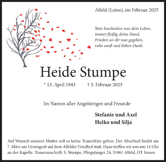 Traueranzeige von Heide Stumpe von Hildesheimer Allgemeine Zeitung