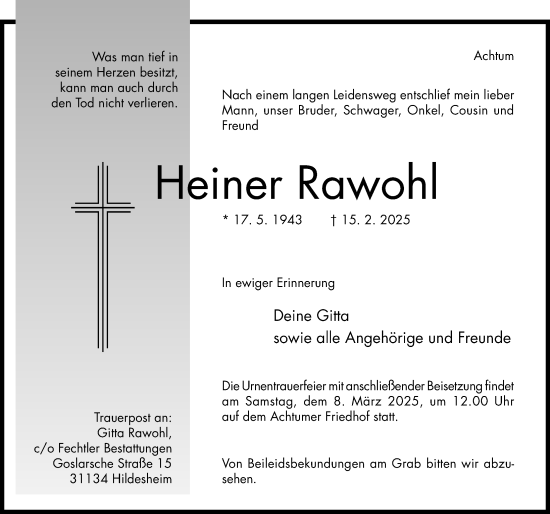 Traueranzeige von Heiner Rawohl von Hildesheimer Allgemeine Zeitung