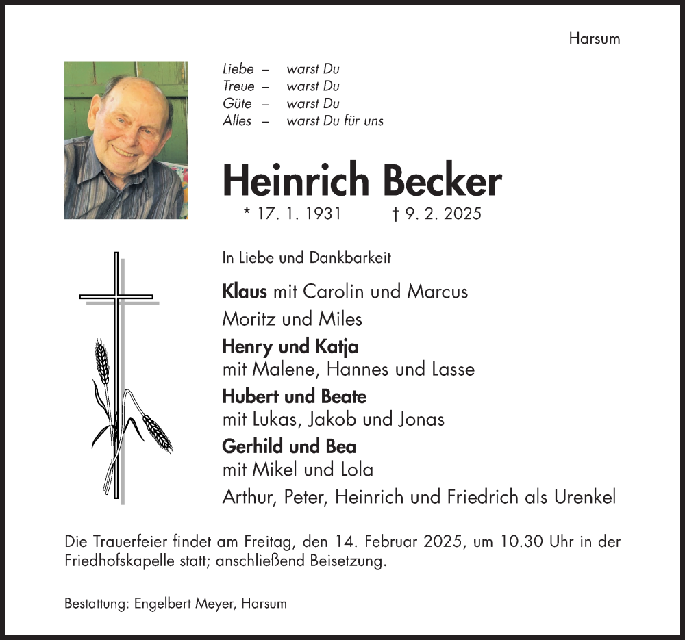  Traueranzeige für Heinrich Becker vom 12.02.2025 aus Hildesheimer Allgemeine Zeitung